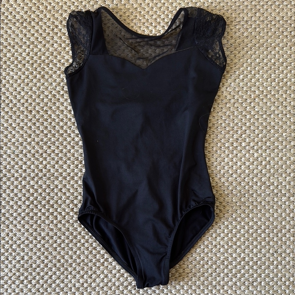 Suffolk Womens Dance Black Bodysuit Mesh Lace Detail size Small Ballet Leotard